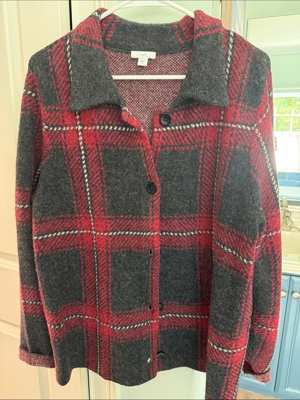 J. Jill Red & Gray Plaid Button-Front Jacket